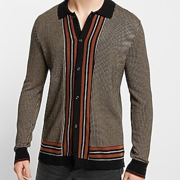 EXPRESS Men's Retro Long Sleeve Geo Print Framed Border Button Up Cardigan XS - Picture 1 of 5